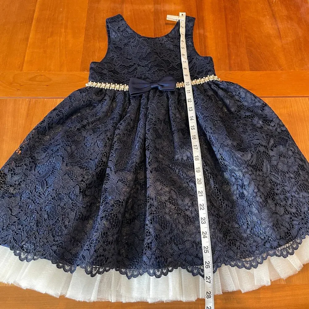 American Princess Girls Navy Gold Lace Dress Pearl Waist Bow Size 6X 7 Formal